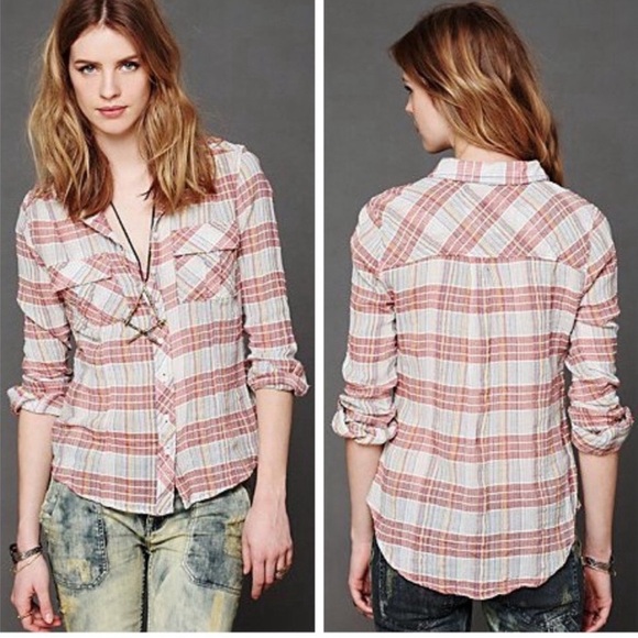 Free People We the Free Plaid Crepe Crinkle Boho Festival Button Down Shirt Med - Picture 1 of 12